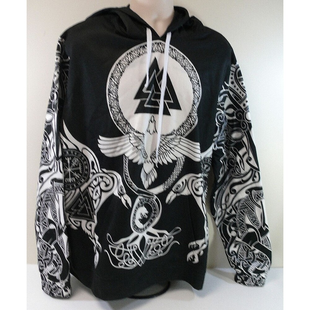 Zootop Bear black Hoodie viking norse mythology valknut raven pattern Size XL